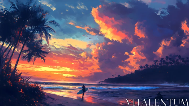 Surfer on tropical shoreline under vivid sunset clouds.