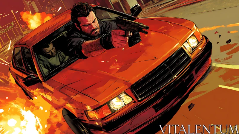 Gunman leans from speeding car as explosions ignite city chase