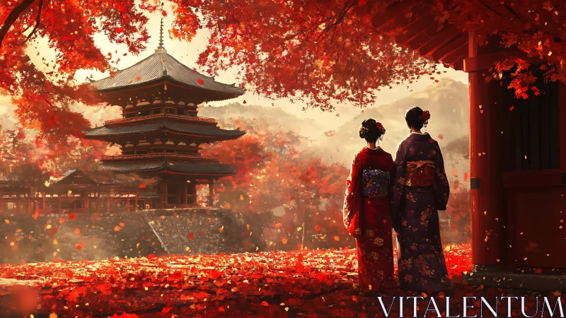 Two figures observe temple pagoda amid dense autumn foliage