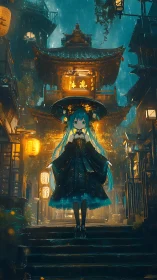 Neon-lit rain scene depicts teal-haired girl in noir kimono