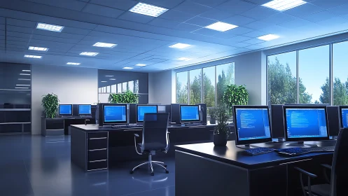 Modern open-plan office with computer workstations and windows.