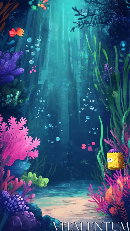 Colorful digital undersea scene shows fish, sponge and corals