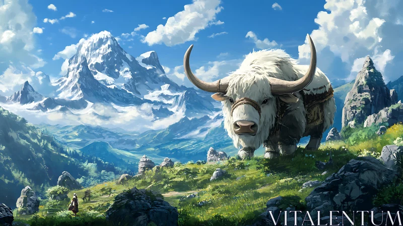 Gentle giant yak patrols a sunlit, storybook mountain pass