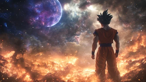 Lone warrior surveys burning cosmic horizon beneath planet