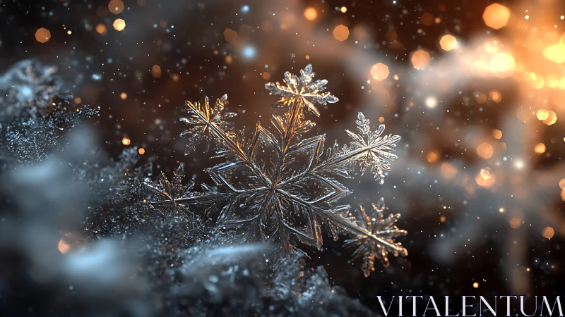 Macro view of detailed snowflake against warm bokeh light.