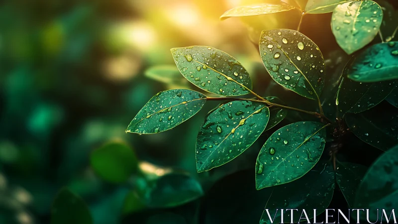 Sunlit raindrops resting gently on lush green leaves.