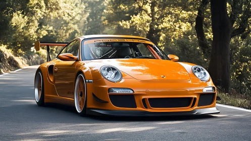 Track-prepared orange sports car rendered in photorealistic detail