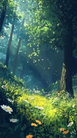 Enchanted Forest Glade with Golden Sunlight.
