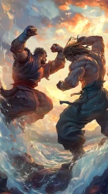 Martial artists engaged in combat over rocky ocean surf.