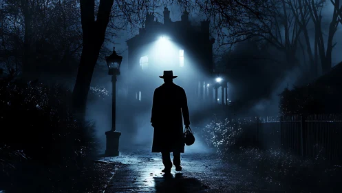 Midnight stranger approaches a haunted, blue-lit manor.