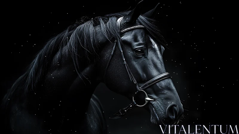 Midnight black horse gazes softly against a starry dark sky