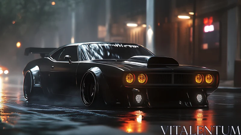 Midnight muscle prowler under rain-slick neon streets.