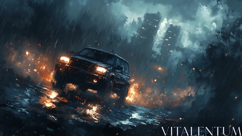 Off road truck drives through dark burning city street.