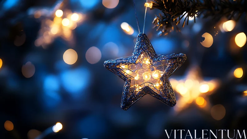 Photorealistic star ornament in shallow depth-of-field glow.