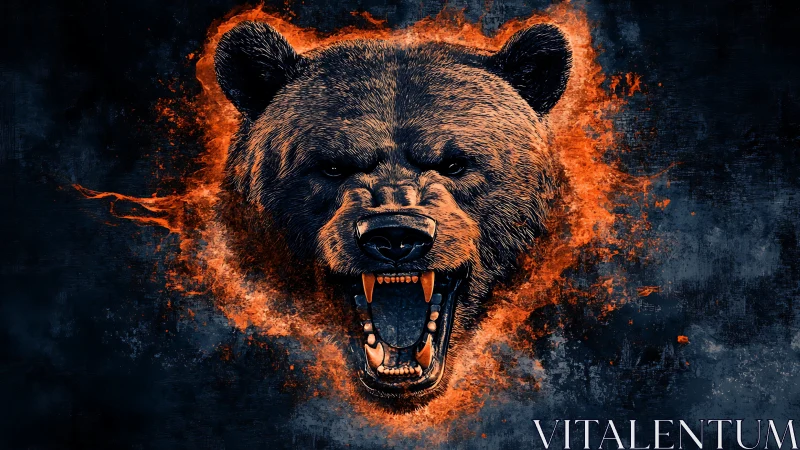 Fiery roaring bear head on dark textured digital background.