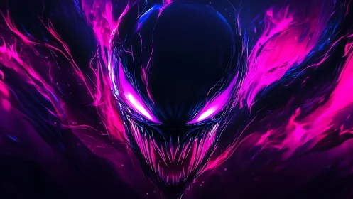 Glowing alien-like entity emerges from neon cosmic void