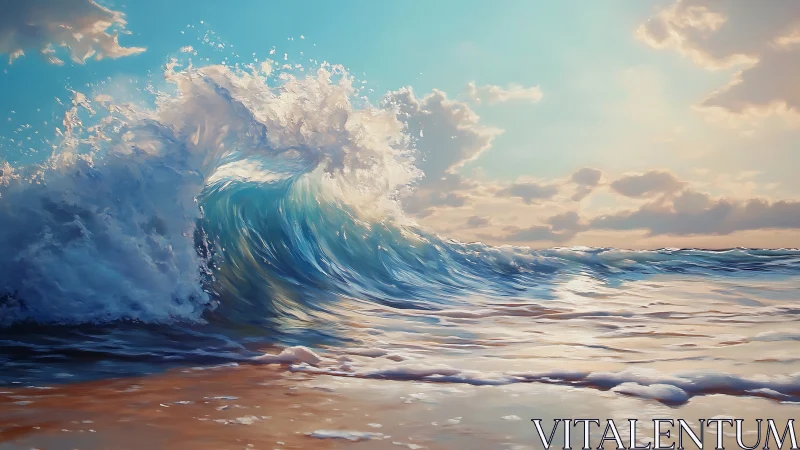 Sunlit ocean wave curls toward shore in gentle motion