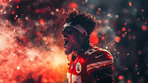 Explosive football sideline portrait in cinematic red light.