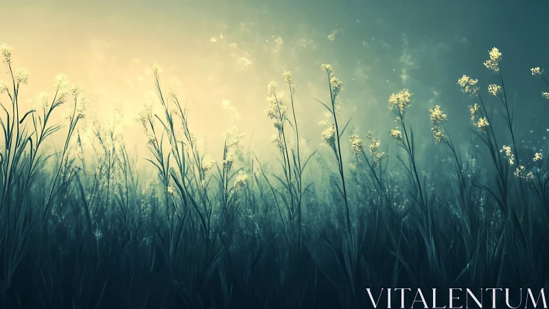 Golden meadow grasses glow softly in misty teal light