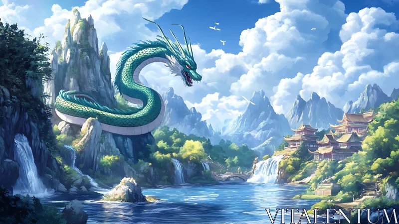 Emerald dragon guarding misty waterfalls and mountain temples.