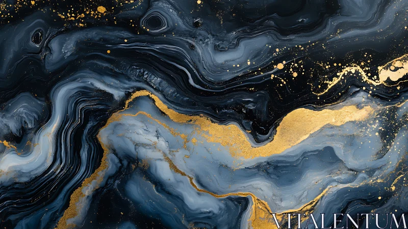 Gold and blue marbled fluid pattern flows across dark field