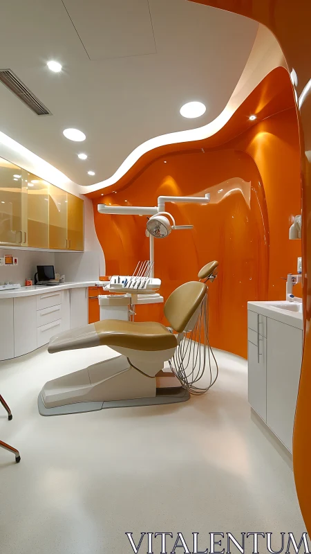 Contemporary dental operatory with orange glossy wall design.