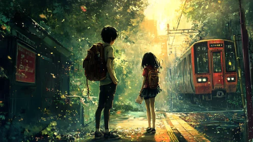 Two kids wait at forest rail crossing as red train arrives.