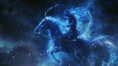 Starlit spectral archer riding a blazing cosmic warhorse.