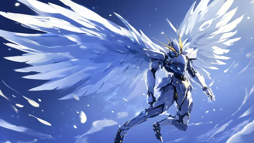 Armored angelic mecha descends dynamically through luminous sky