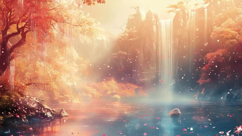 Autumn blossoms drift as a secret waterfall forgives daylight