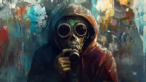 Hooded figure in gas mask against abstract painted wall.