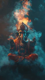Luminous elephant-headed deity amid volumetric fire and smoke.