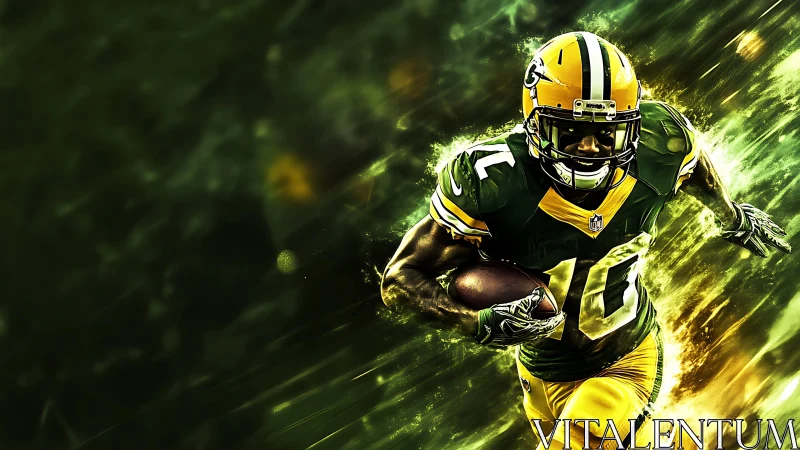 Gridiron runner in green and yellow uniform, dynamic pose.