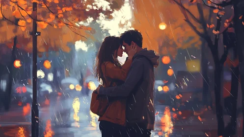 Rain-soaked urban embrace: luminous figures amid autumn foliage