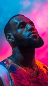 Neon-lit athlete studies the sky like a glowing scoreboard