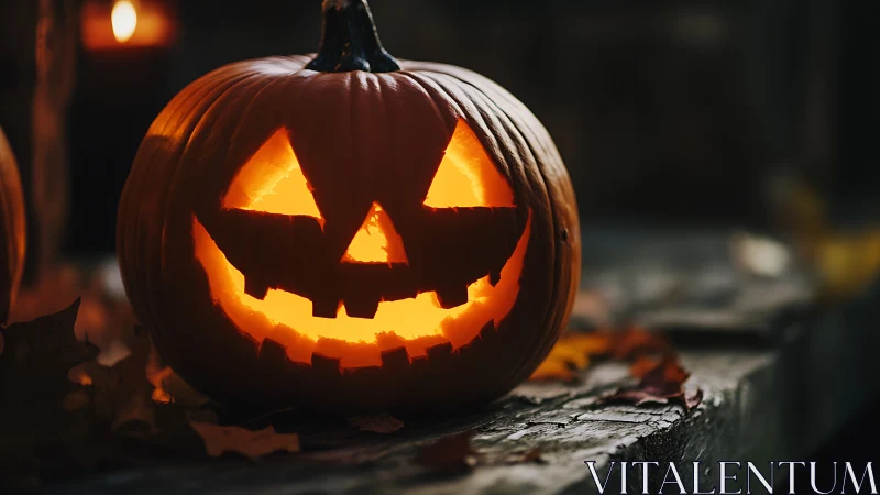 Glowing jack o lantern rests on weathered wooden table at night