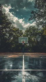 Storm-lit court and lonely hoop under brooding summer sky.