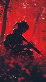 Scarlet forest sentinel in contemplative combat silence.
