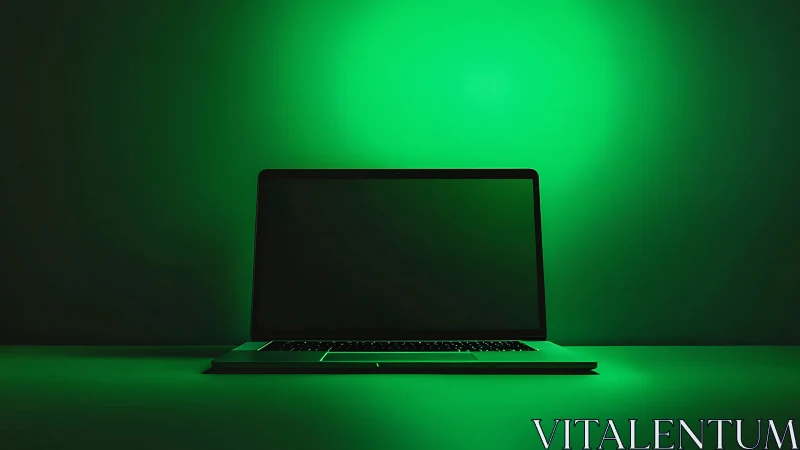 Closed laptop with dark screen sits under uniform green light