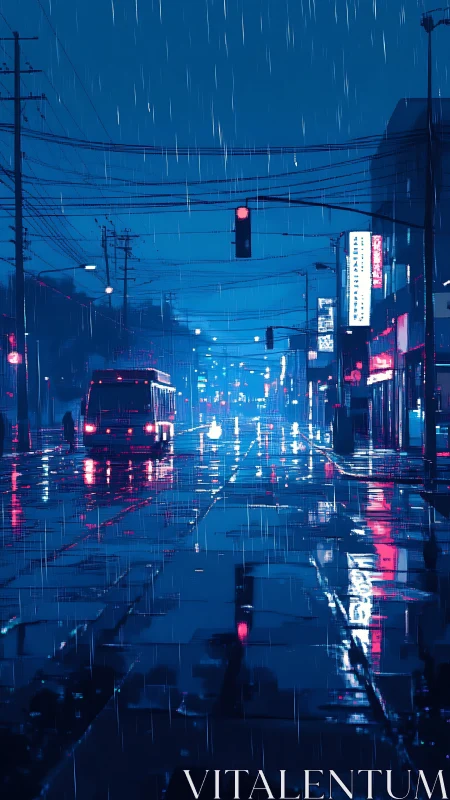 Moody neon city street glowing softly in night rain.