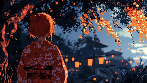 Lantern-lit kimono evening under whispering ember leaves.