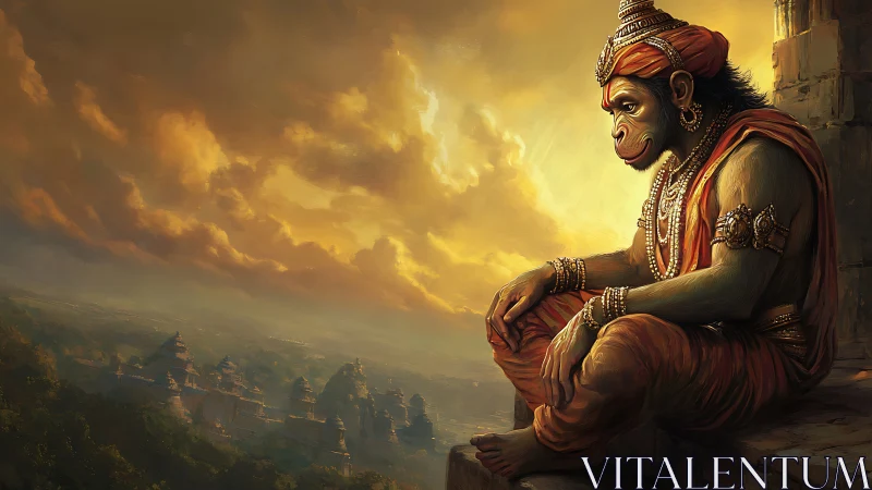 Golden hour monkey sage quietly watches an ancient city below