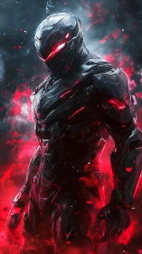 Cybernetic enforcer in molten red particle storm.