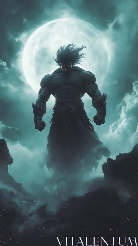 Moonlit shadow warrior emerging through cinematic storm fog.