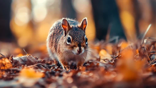 Autumn forest chipmunk in warm golden bokeh light.