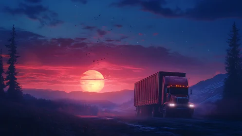 Semi truck on rural highway at vivid red sunset sky.