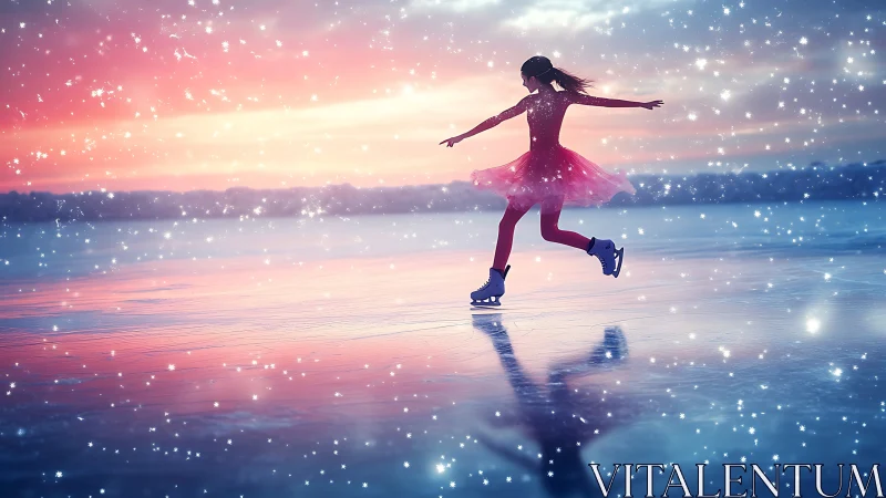Figure skater gliding on frozen lake at colorful sunset.