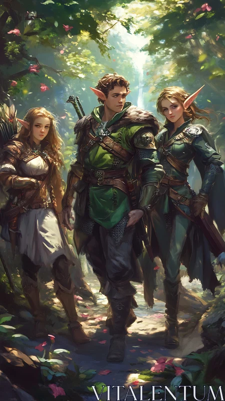Elven ranger trio crossing dappled forest path in armor.