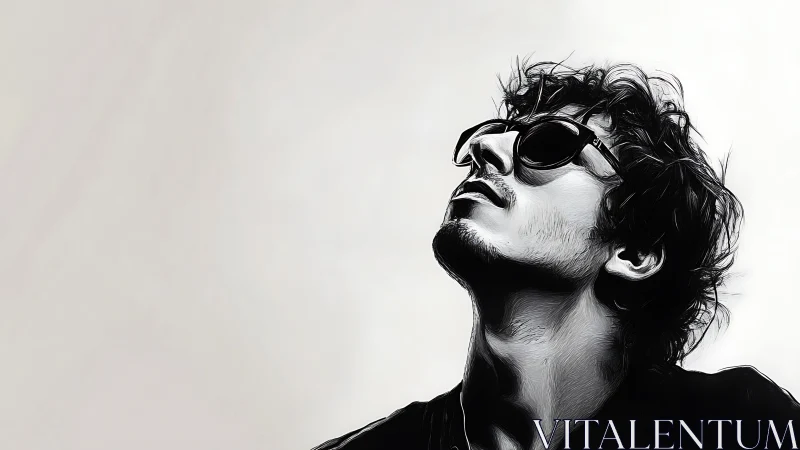 Stylized portrait of a man in sunglasses gazing upward calmly