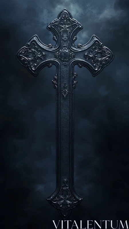 Gothic metallic cross in moody vertical digital composition.